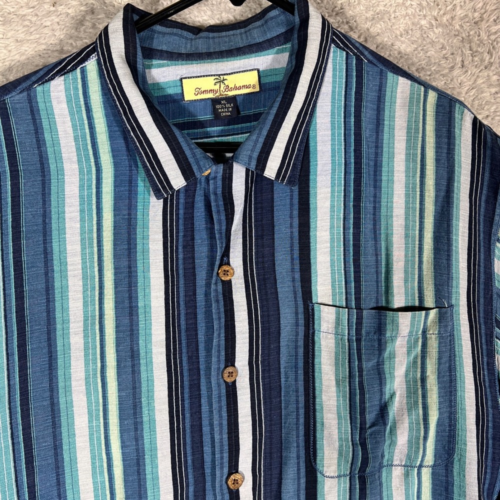 Tommy Bahama Mens XL Silk Button Down Shirt Blue Green Striped Short Sleeve